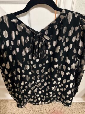 Talbots Black Blouse with Silver Metallic Spot Print and Tie-Back